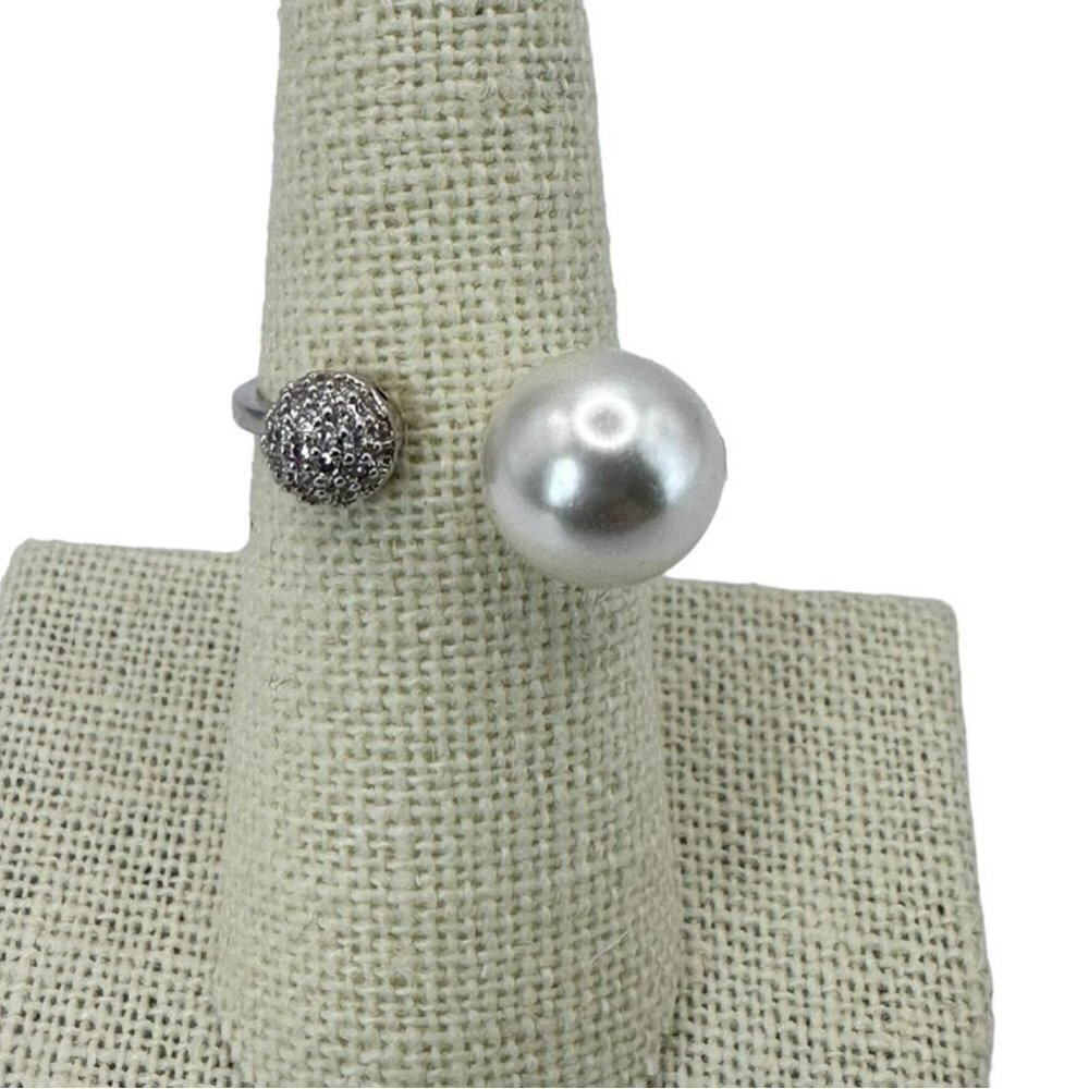 Geo Sphere Open Band Pearl and Zirconia Adjustable Ring - Picture 3 of 9